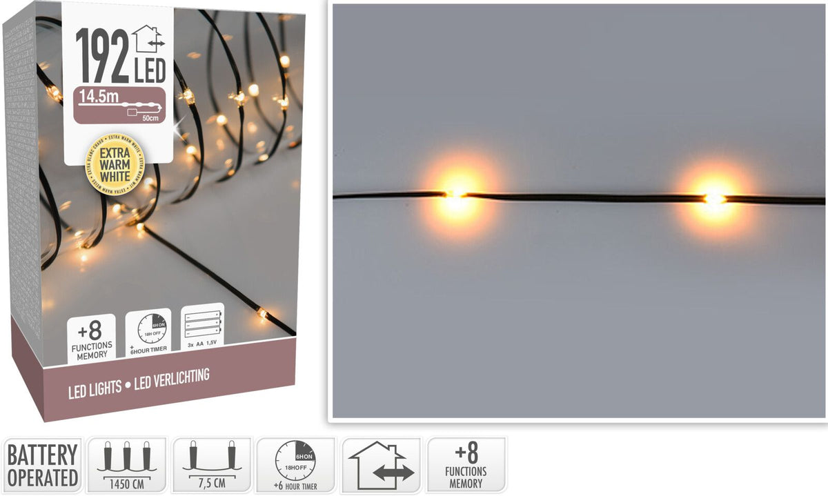 Led Verlichting 192 Led - Extra Warm Wit - Op Batterij - 8 Lichtfuncties - Timer - Soft Wire