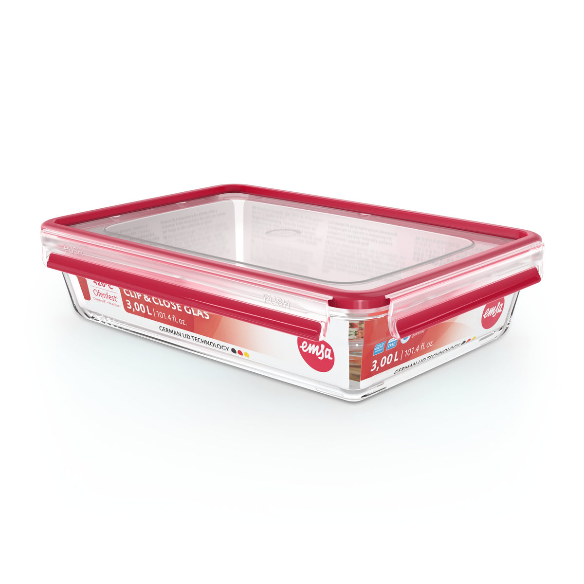 Emsa Clip&Close Glass Food Container 3 L Red
