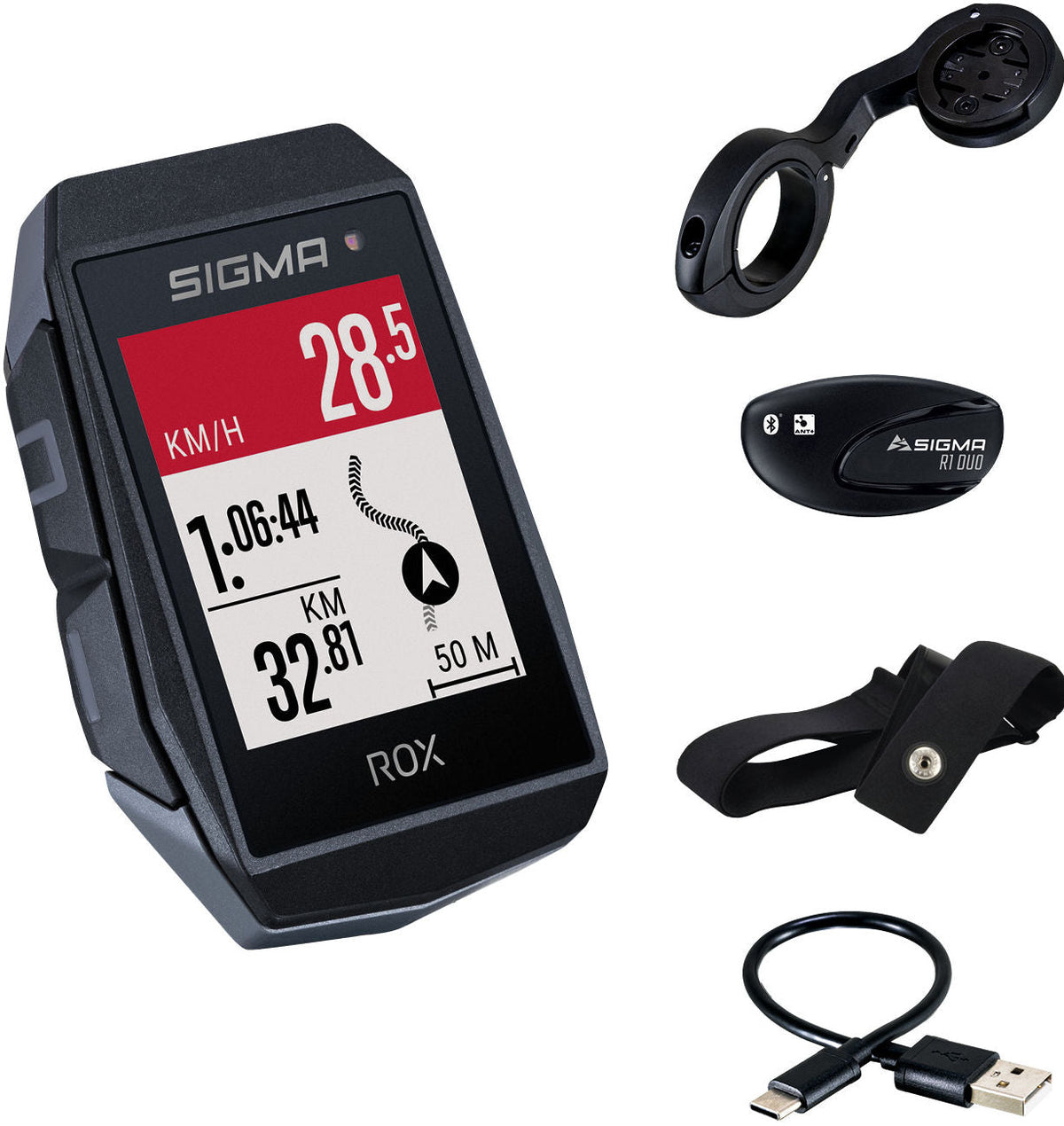 Gps Fietscomputer Sigma Rox 11.1 Evo Gps Hr Set Met Korte Butler Stuurhouder - Zwart