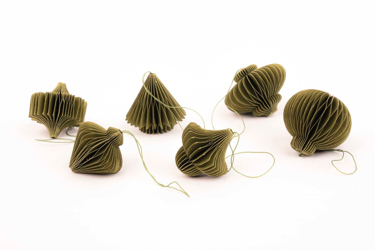 Hanging Paper Ornaments - Set 6 Pcs - 4,5 Cm - Christmas Honeycomb Baubles - Purple - Green - Olive - Christmas Tree Decorations