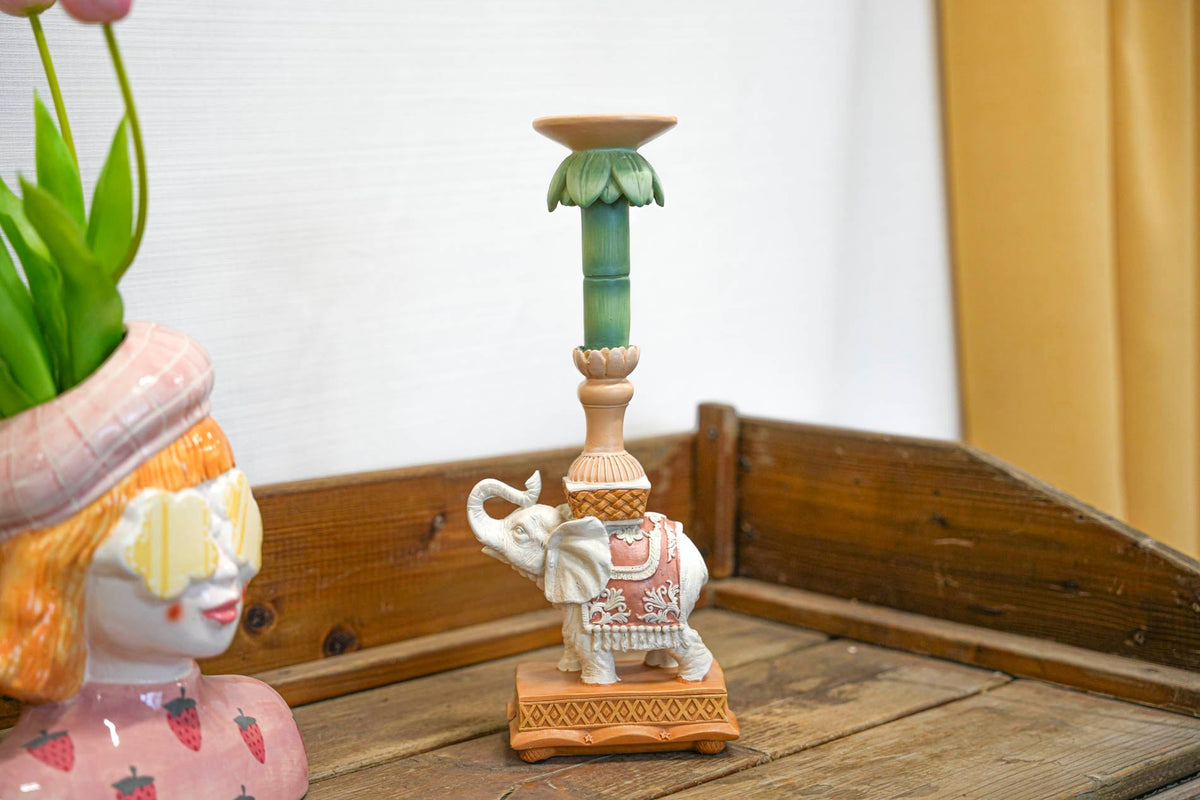 Candle Holder - Elephant Natural/Pink - Polyresin - ↑ 34,5 Cm