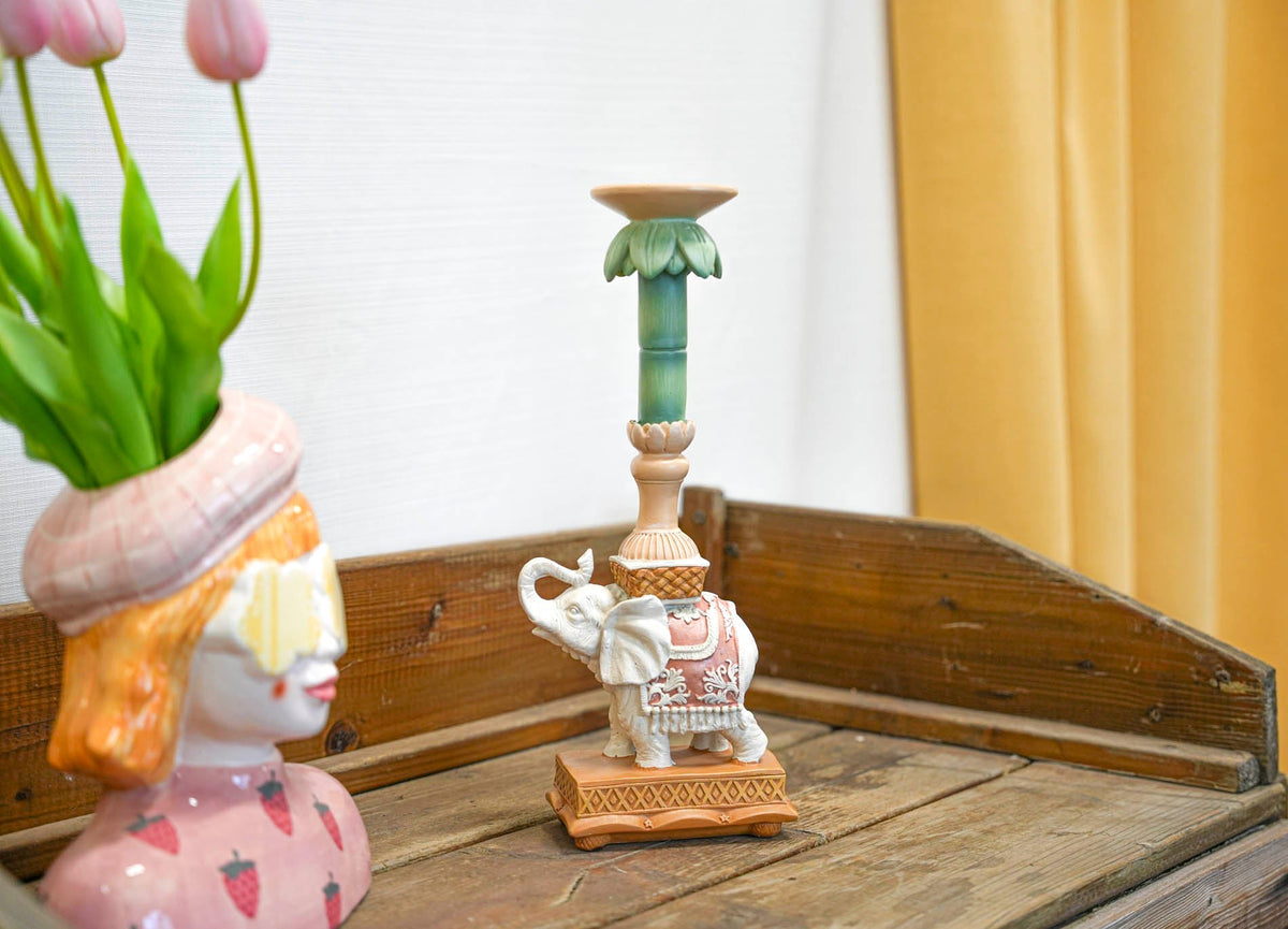 Candle Holder - Elephant Natural/Pink - Polyresin - ↑ 34,5 Cm
