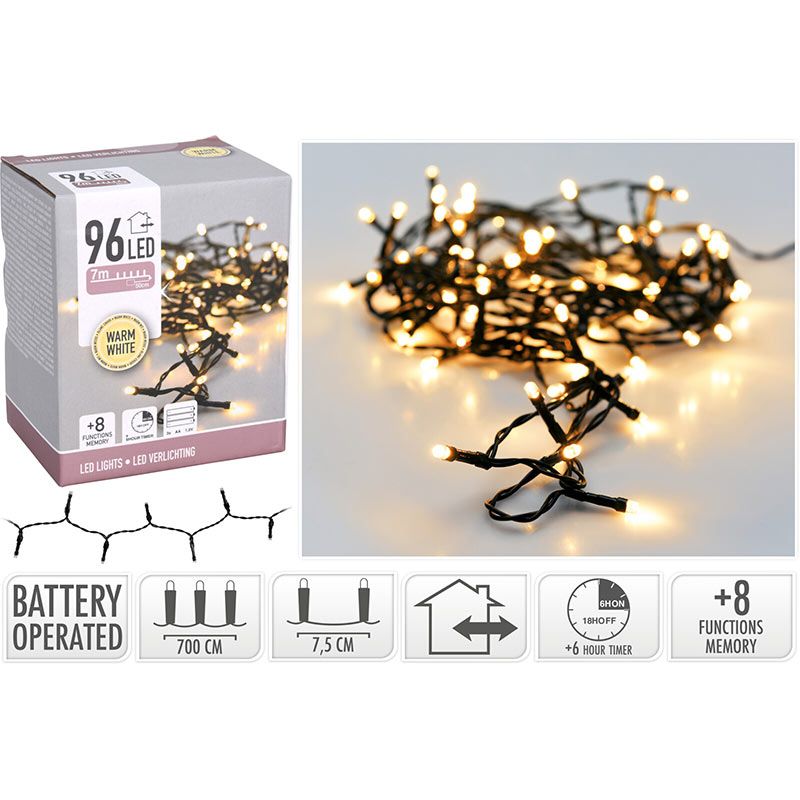 Led-Verlichting 96 Led's - Warm Wit - Op Batterij - Met Timer En Geheugen