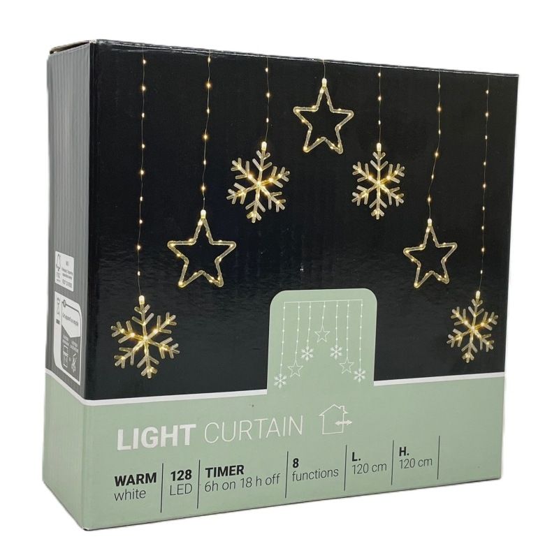 Kerstverlichting Lichtgordijn -Sterren - Sneeuwvlokken - 120X120Cm - Op Batterijen