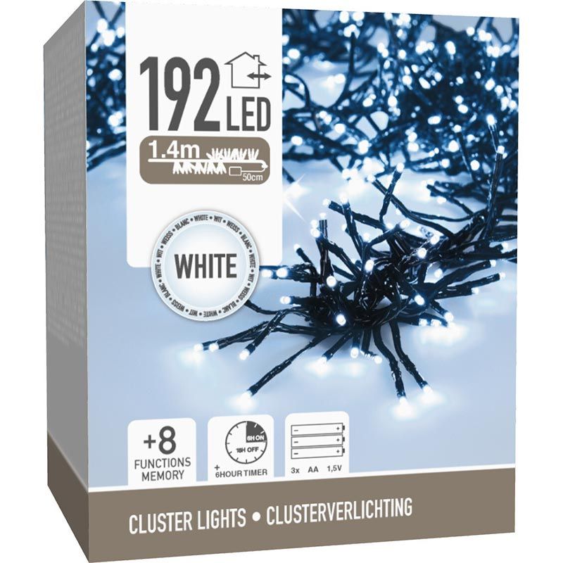 Clusterverlichting 192 Led - 1.4M - Wit - Batterij - Lichtfuncties - Geheugen - Timer