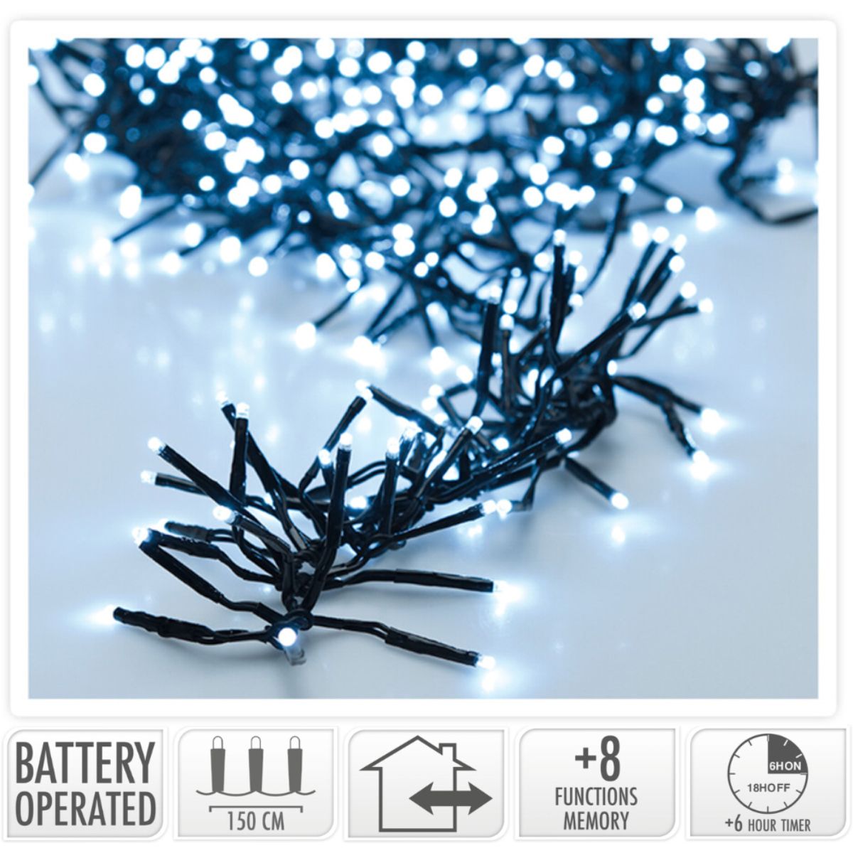 Clusterverlichting 192 Led - 1.4M - Wit - Batterij - Lichtfuncties - Geheugen - Timer
