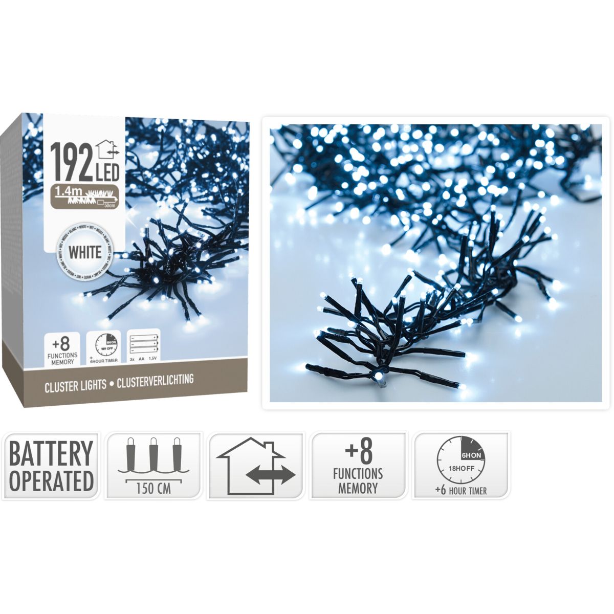Clusterverlichting 192 Led - 1.4M - Wit - Batterij - Lichtfuncties - Geheugen - Timer
