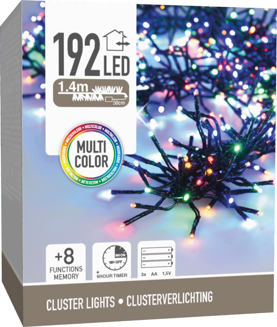 Clusterverlichting 192 Led - 1.4M - Multicolor - Batterij - Lichtfuncties - Geheugen - Timer