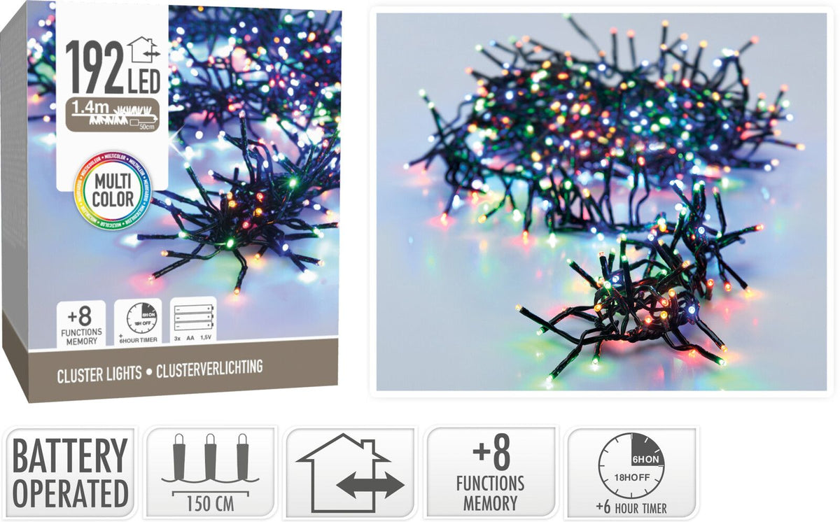 Clusterverlichting 192 Led - 1.4M - Multicolor - Batterij - Lichtfuncties - Geheugen - Timer