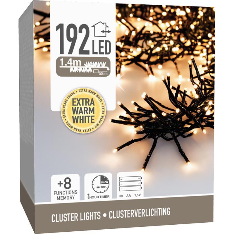 Clusterverlichting 192 Led - 1.4M - Extra Warm Wit - Batterij - Lichtfuncties - Geheugen - Timer