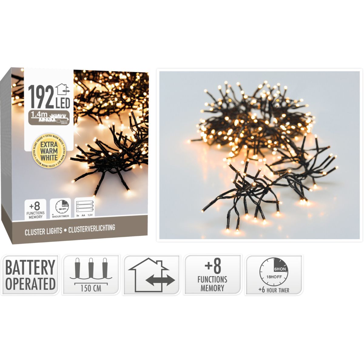 Clusterverlichting 192 Led - 1.4M - Extra Warm Wit - Batterij - Lichtfuncties - Geheugen - Timer