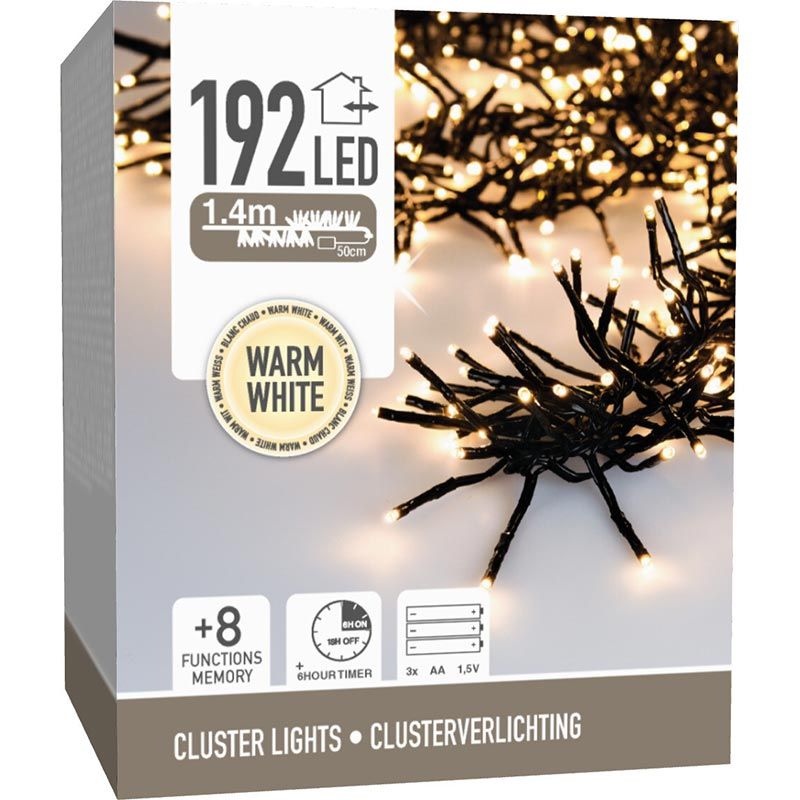 Clusterverlichting 192 Led - 1.4M - Warm Wit - Batterij - Lichtfuncties - Geheugen - Timer