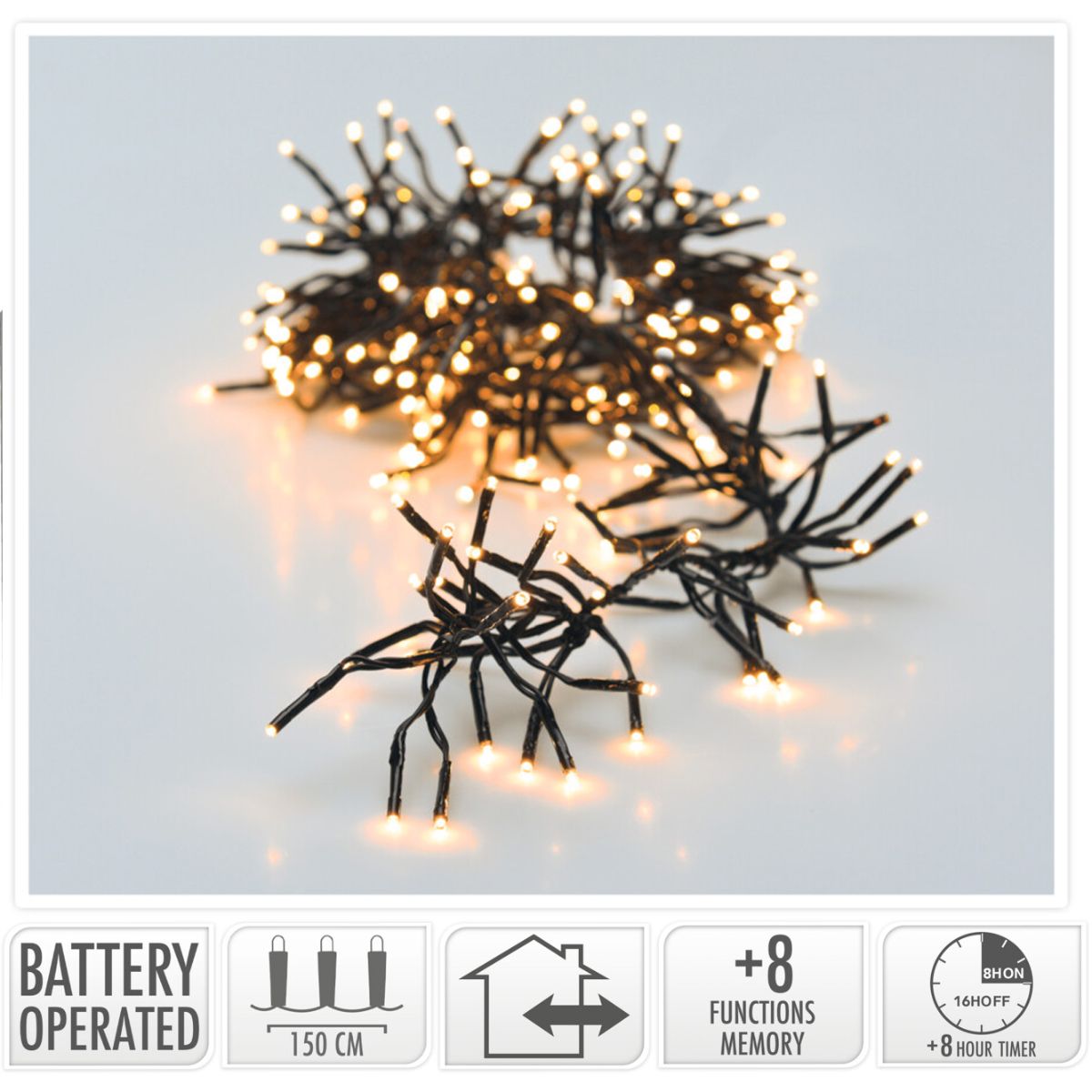 Clusterverlichting 192 Led - 1.4M - Warm Wit - Batterij - Lichtfuncties - Geheugen - Timer