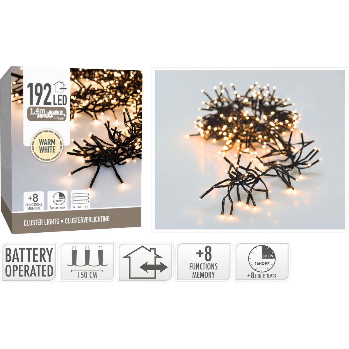 Clusterverlichting 192 Led - 1.4M - Warm Wit - Batterij - Lichtfuncties - Geheugen - Timer