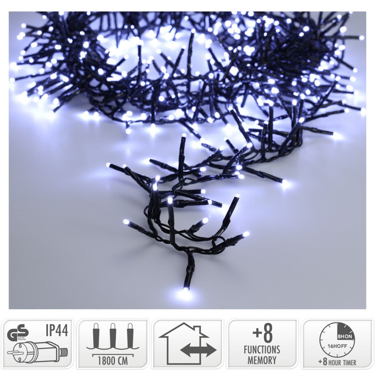 Maxi Cluster Kerstverlichting - 1200 Led - 18M - Wit - Timer - Lichtfuncties - Geheugen - Buiten