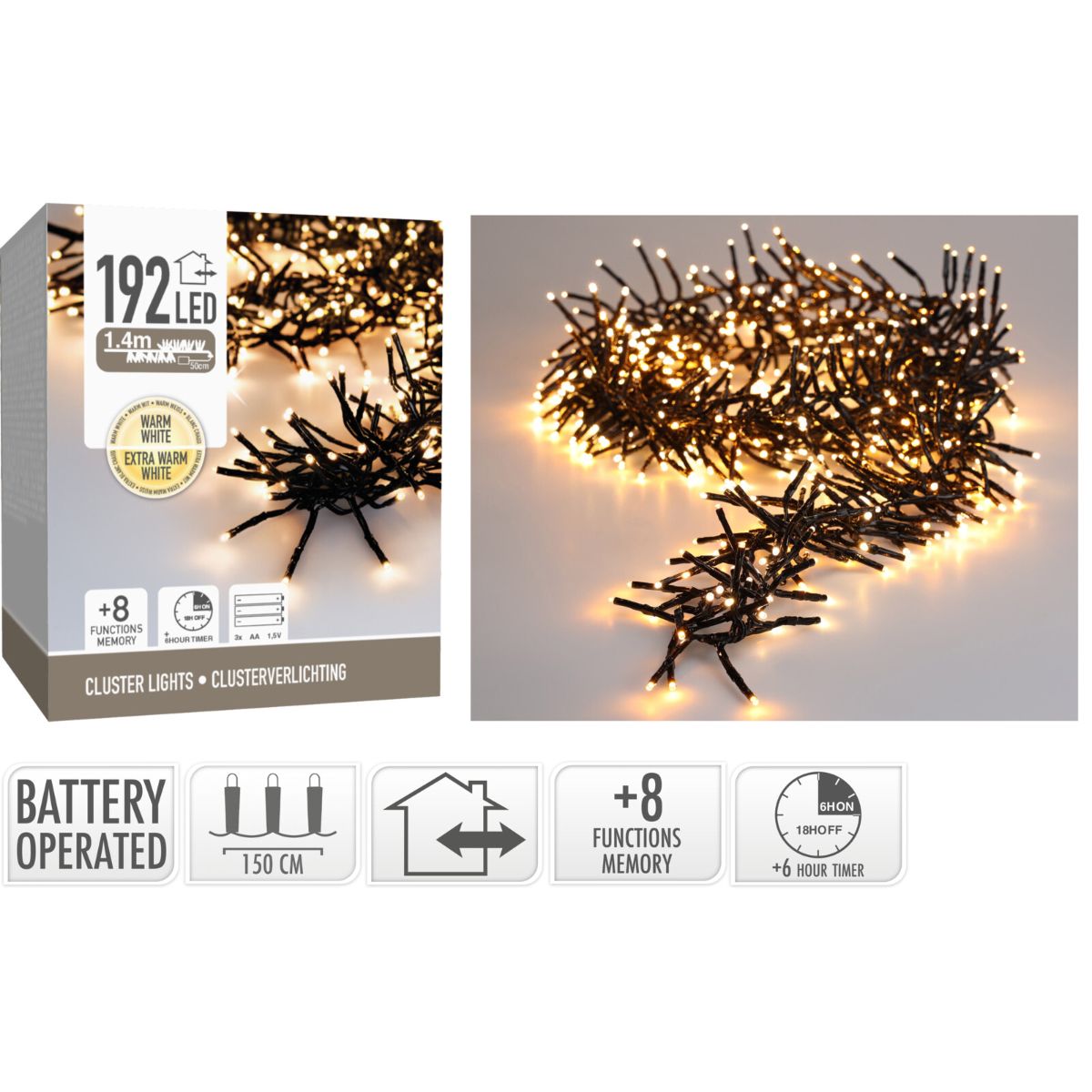 Clusterverlichting 192 Led - 1.4M - Two Tone Romantic - Batterij - Lichtfuncties - Geheugen - Timer