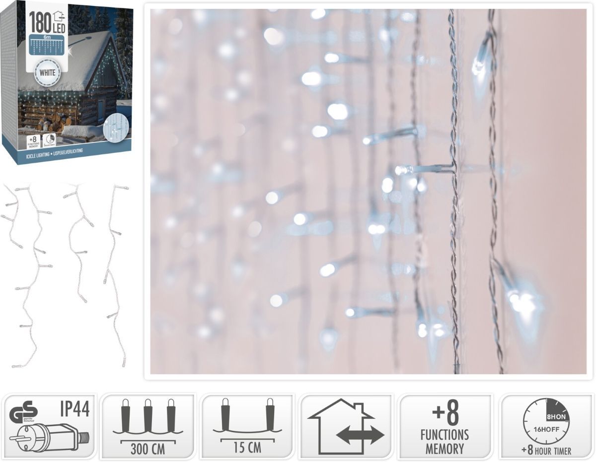 Ijspegel Verlichting - 180 Led - Wit - Transparant Snoer - Timer - Lichtfuncties - Geheugen