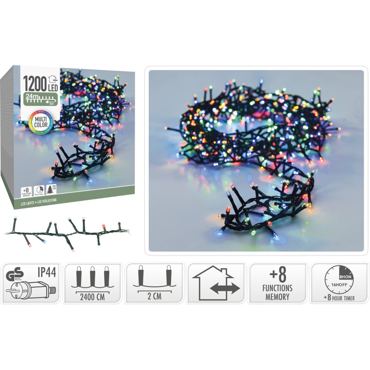 Microcluster - 1200 Led - 24M - Multicolor - Timer - Lichtfuncties - Geheugen - Buiten