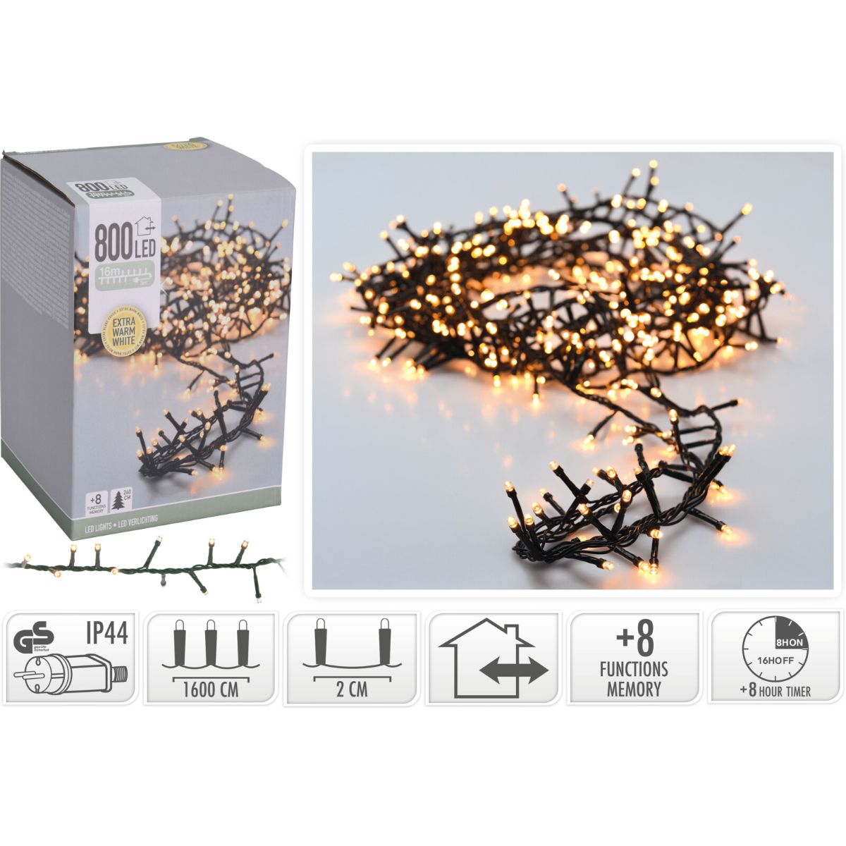 Microcluster - 800 Led - 16M - Extra Warm Wit - Timer - Lichtfuncties - Geheugen - Buiten
