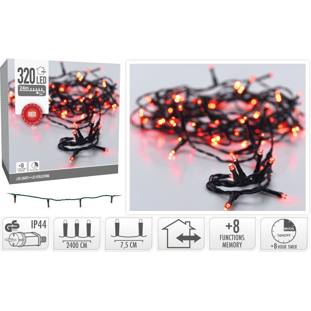 Kerstverlichting 320 Led- 24M - Rood - Timer - Lichtfuncties - Geheugen - Buiten