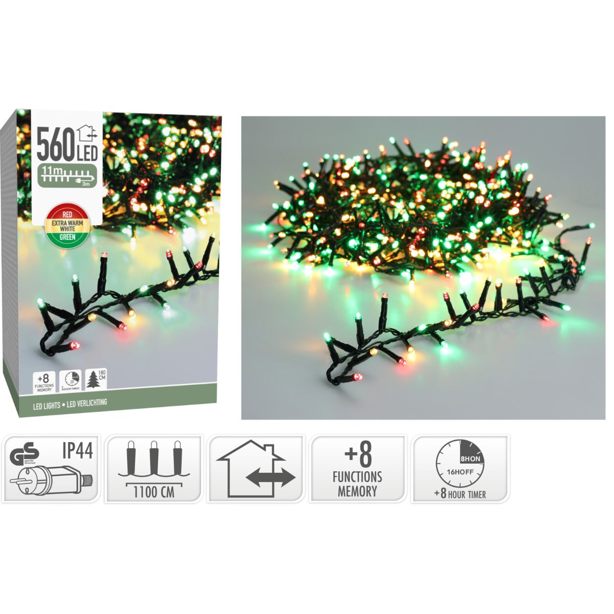 Microcluster - 560 Led - 11M - Three Tone Traditional - Timer - Lichtfuncties - Geheugen - Buiten