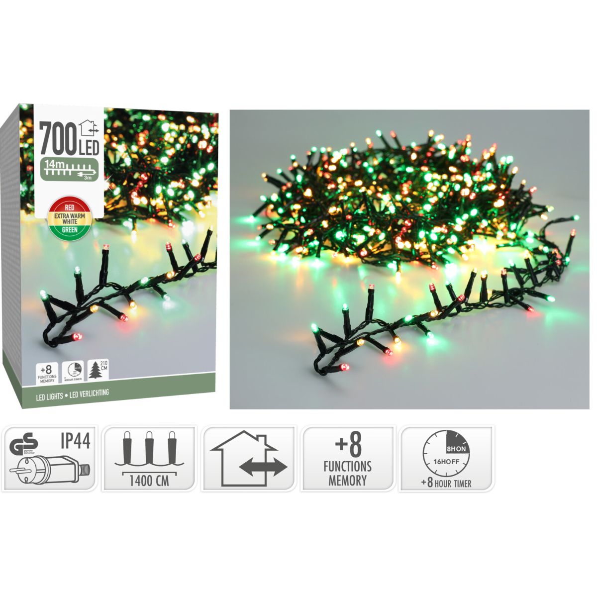 Microcluster - 700 Led - 14M - Three Tone Traditional - Timer - Lichtfuncties - Geheugen - Buiten