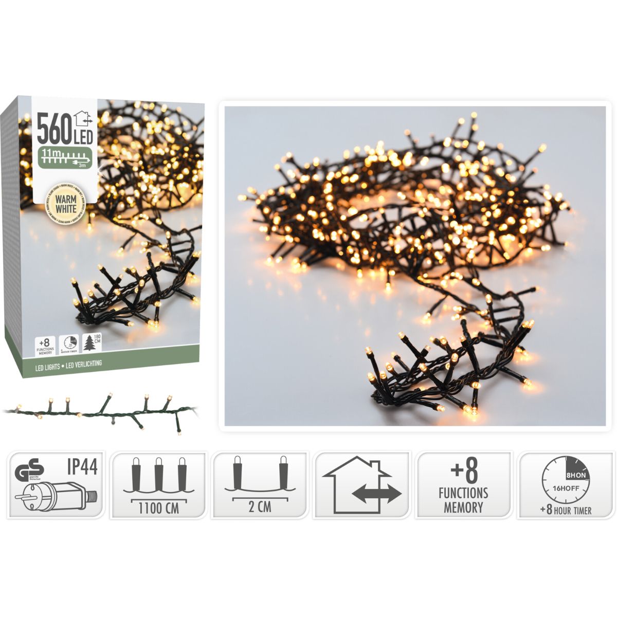 Microcluster - 560 Led - 11M - Warm Wit - Timer - Lichtfuncties - Geheugen - Buiten