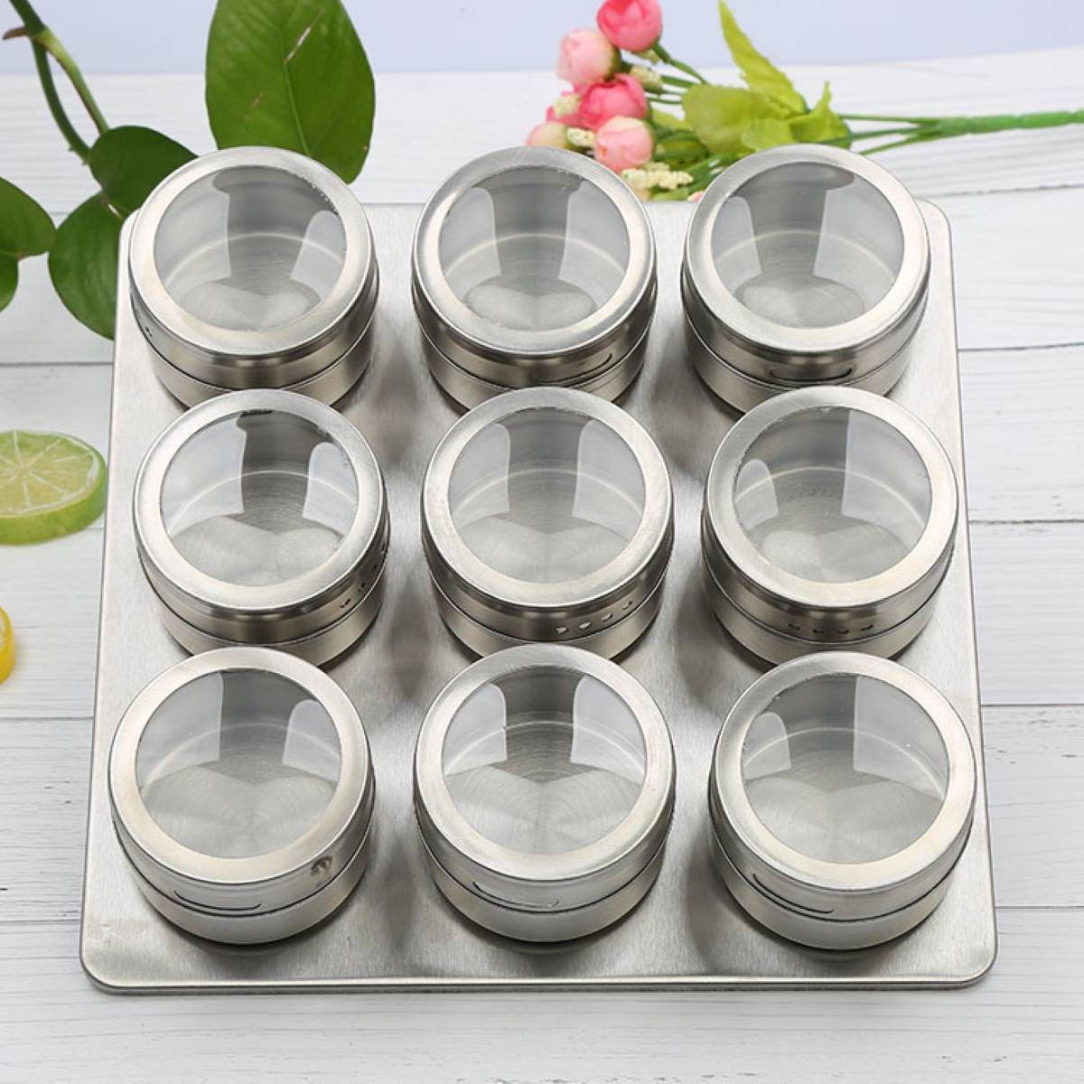 Ceruzo Kruidenrek Magnetisch - 9 Rvs Kruidenpotjes