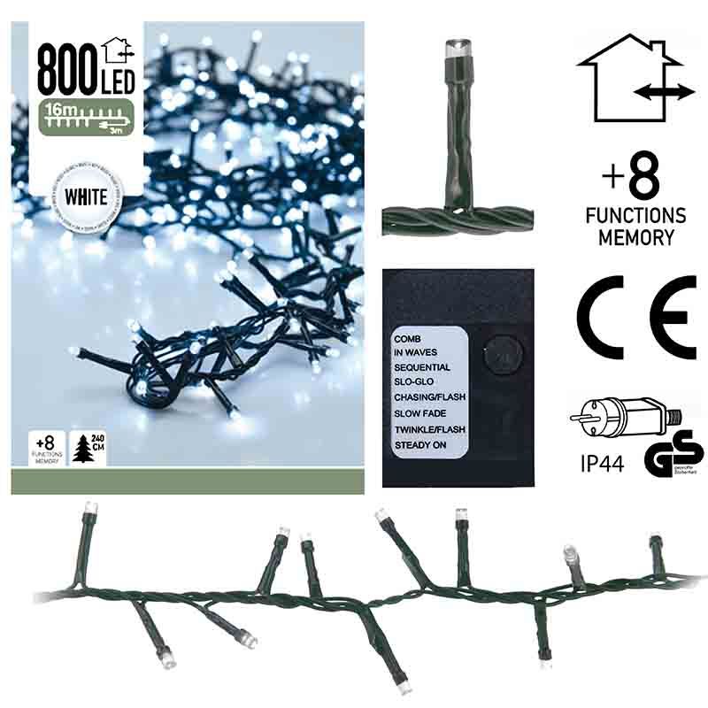 Micro Cluster 800 Led's - 16 Meter - Wit - 8 Functies + Geheugen