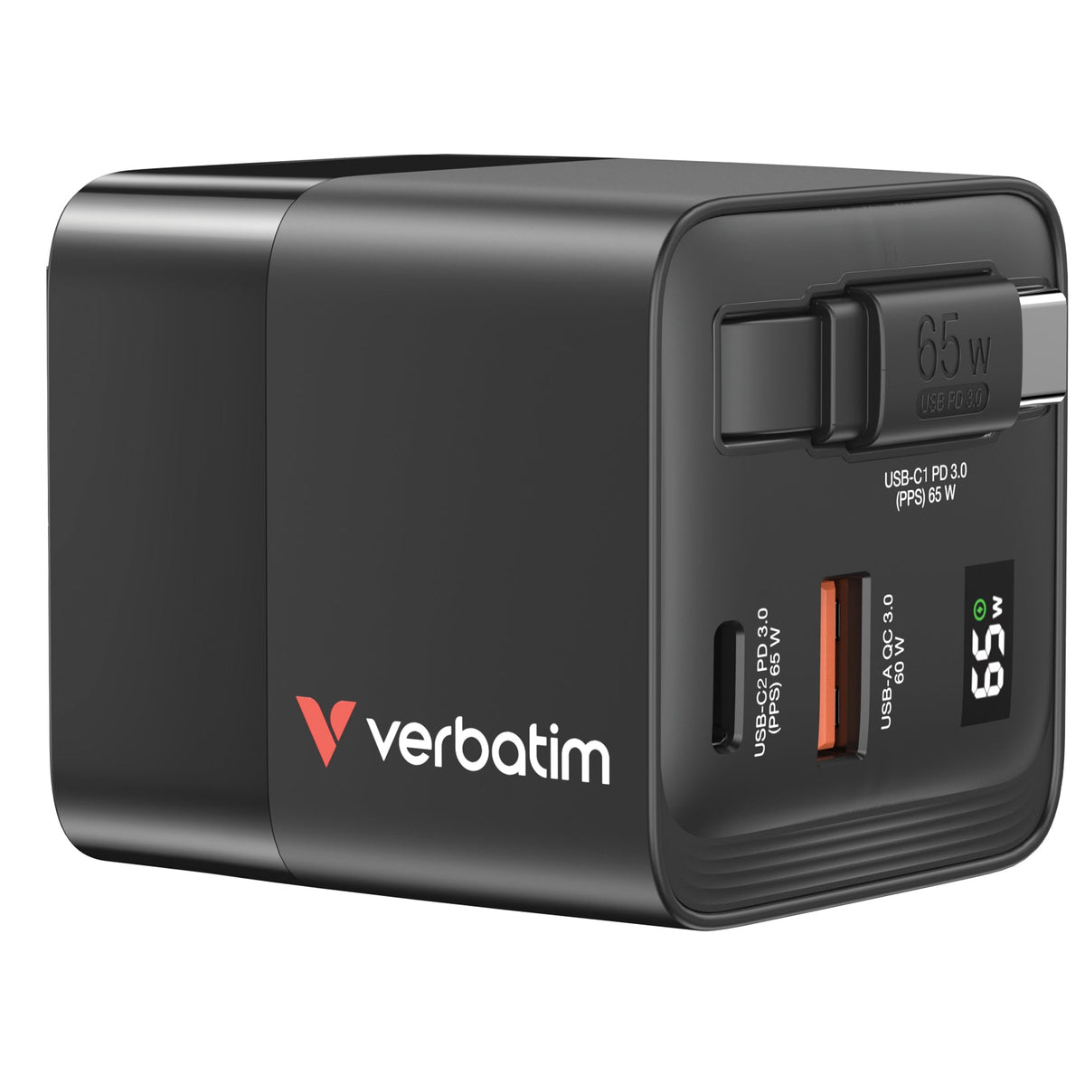 Verbatim Gan Charger 65W 2Xusb-C Pd,1Xusb-A, Retrac. Cable  32217