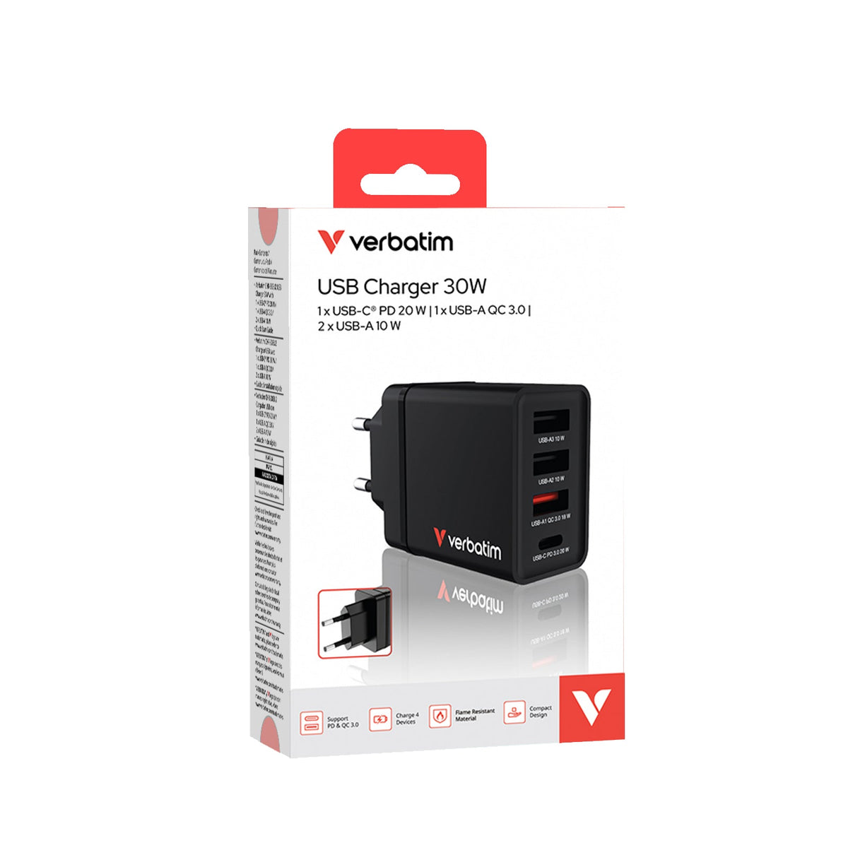 Verbatim Usb Wall Charger 30W 1Xusb-C Pd 3Xusb-A Schwarz 49700