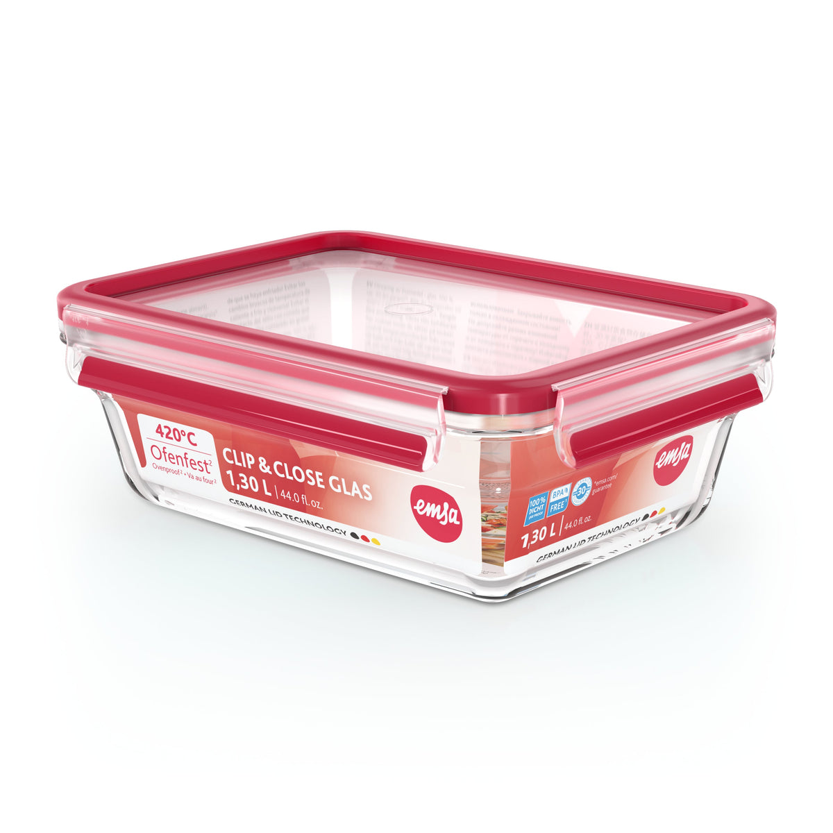 Emsa Clip&Close Glass Food Container 1,3 L  Red