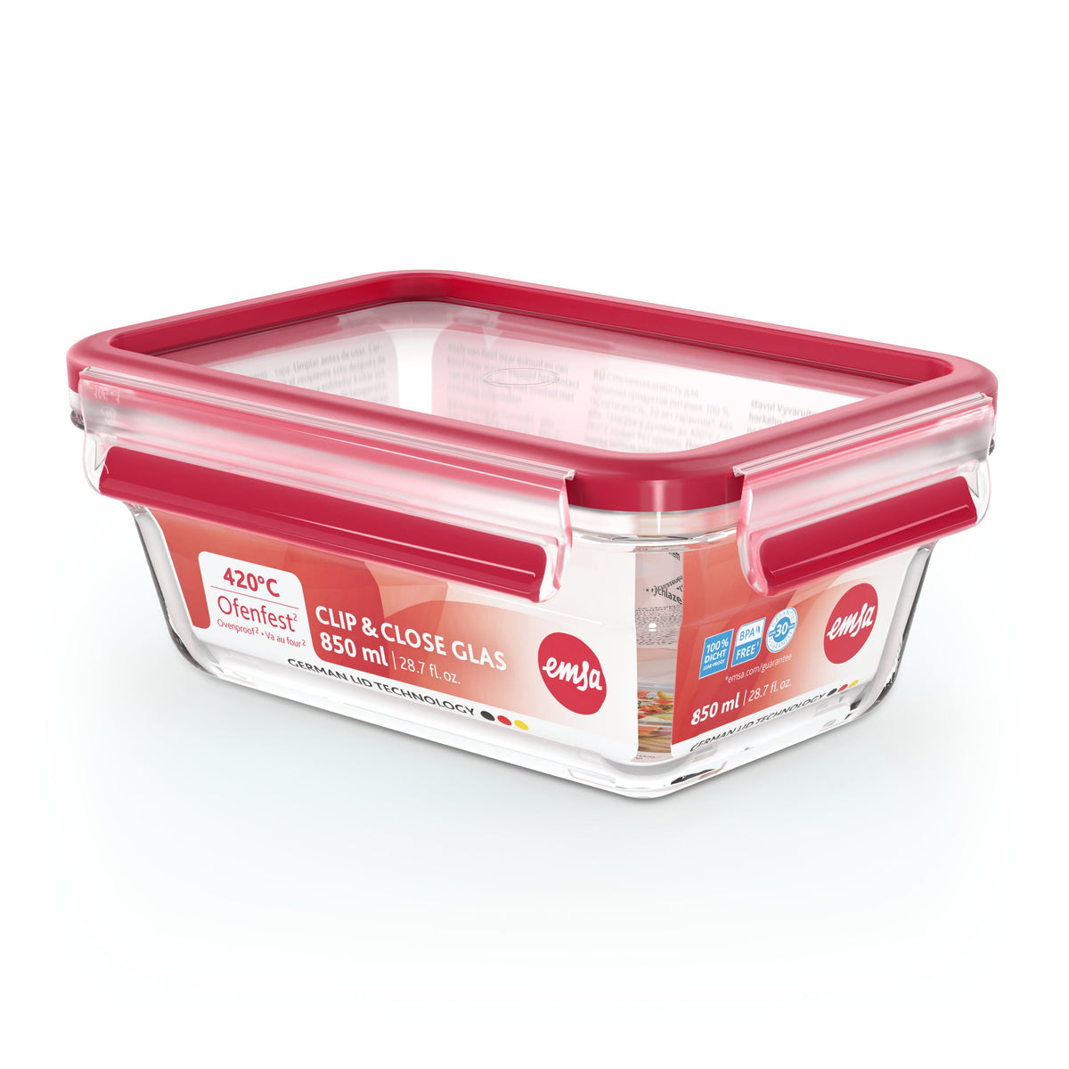 Emsa Clip&Close Glass Food Container 850 Ml  Red