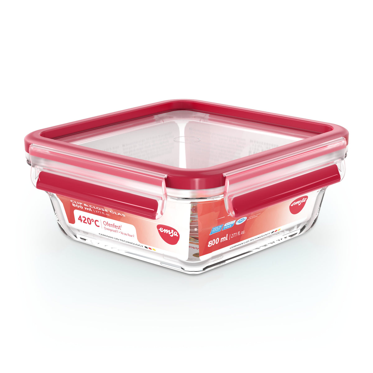 Emsa Clip&Close Glass Food Container 0,8 L Red