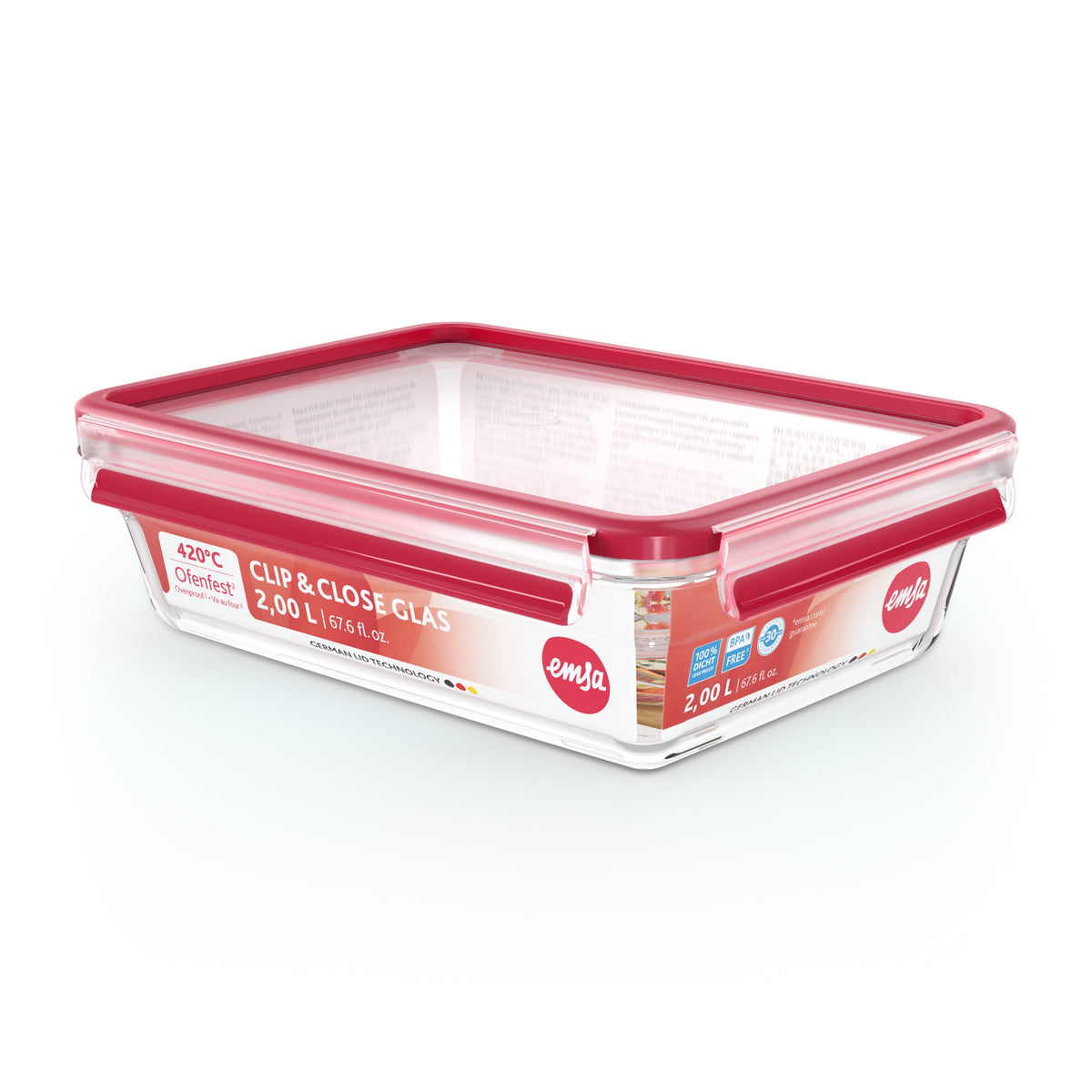Emsa Clip&Close Glass Food Container, Square  2 L