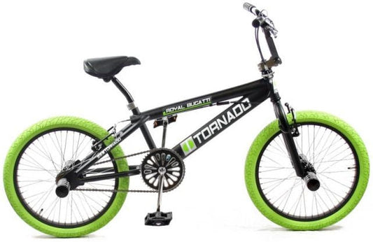 Bmx Fiets Royal-Bugatti Tornado Freestyle 20 Inch - Mat Zwart Met Groene Banden
