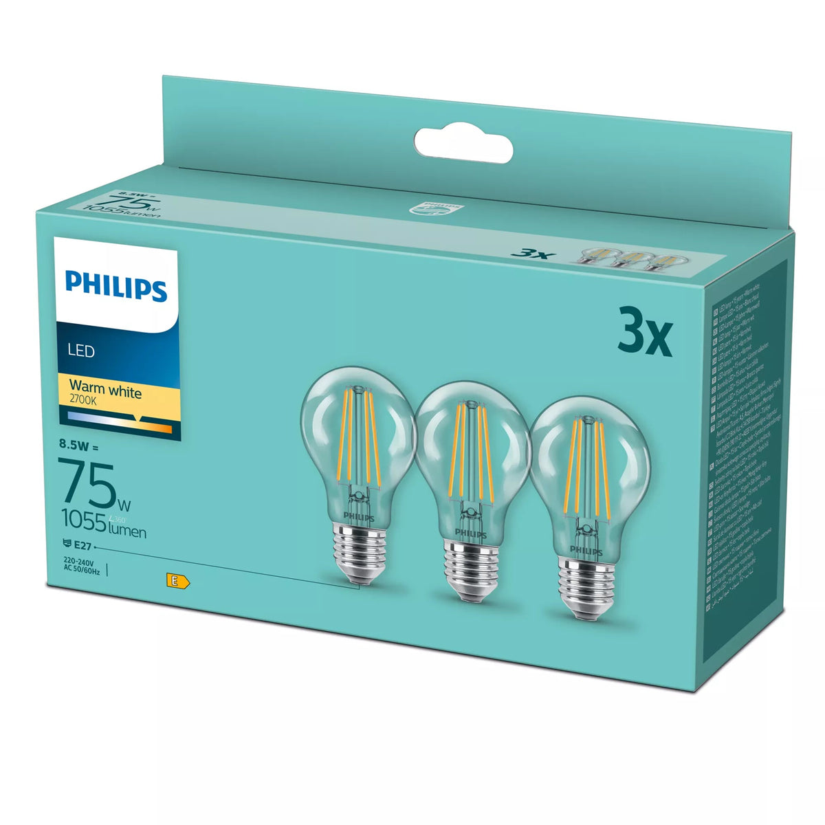 Philips Led Lamp E27 3-Pack 75W 2700K Filament