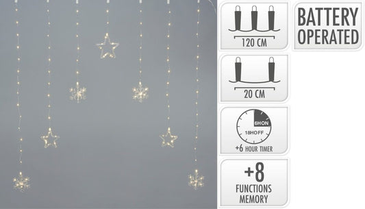 Kerstverlichting Lichtgordijn -Sterren - Sneeuwvlokken - 120X120Cm - Op Batterijen