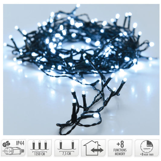 Kerstverlichting 180 Led- 13.5M - Wit - Timer - Lichtfuncties - Geheugen - Buiten