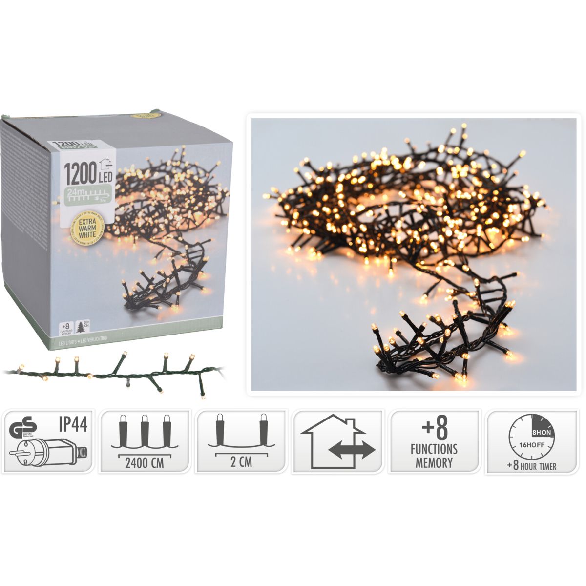 Microcluster - 1200 Led - 24M - Extra Warm Wit - Timer - Lichtfuncties - Geheugen - Buiten