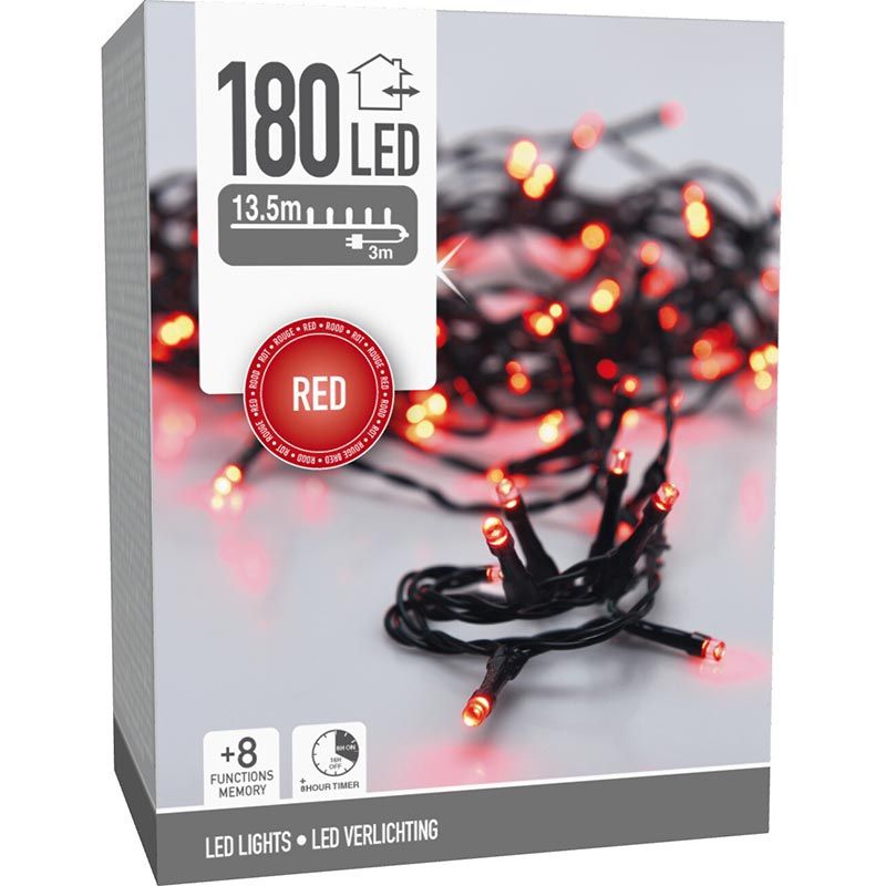 Kerstverlichting 180 Led- 13.5M - Rood - Timer - Lichtfuncties - Geheugen - Buiten