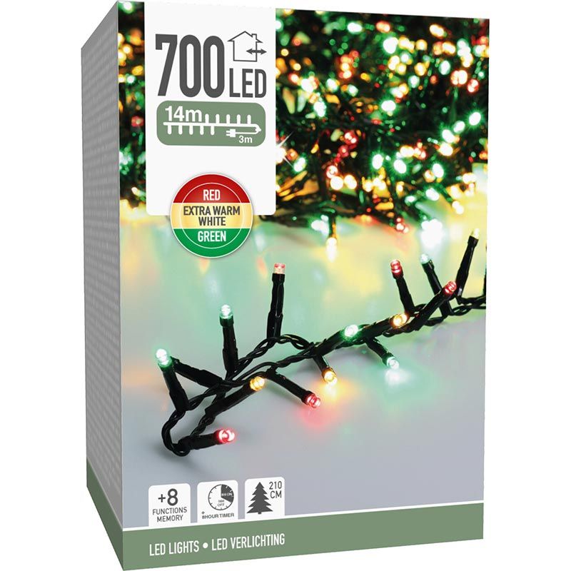 Microcluster - 700 Led - 14M - Three Tone Traditional - Timer - Lichtfuncties - Geheugen - Buiten