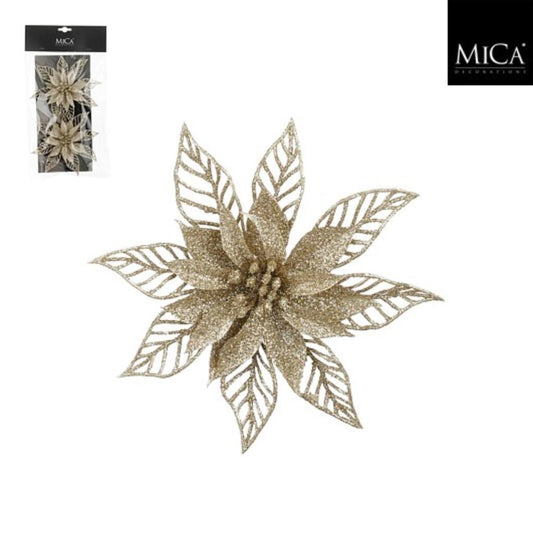 Mica Decorations Clip Poinsettia 2X16 Cm Champagne 2 Stuks